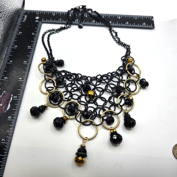 Statement Bib Necklace Black Gold Tone Chainmail Beaded Dangle Faceted Beads - Picture 3 of 5